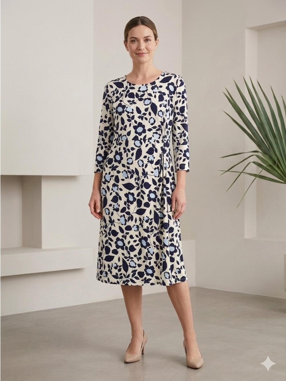 Lands' End Long Sleeve Floral Dress in Cream and Navy